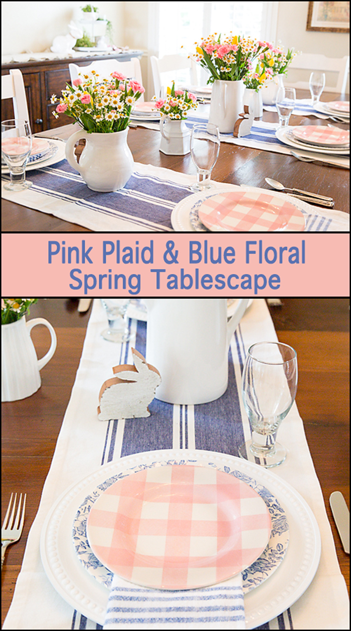 Pink Plaid & Blue Floral Tablescape